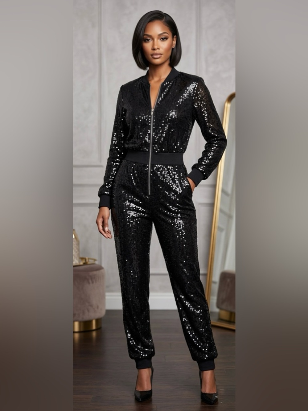 VENUS Black Sequin Zip-Front Jumpsuit NWOT